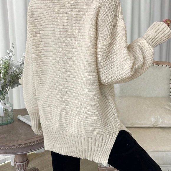 Apricot Casual Womens High Neck Drop Shoulder Split Hem Sweater - Picture 2 of 5